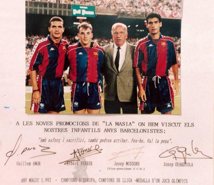 Foto from 1992 which was displayed for many years at La Masia (FC Barcelona academy), depicting Guillem Amor, Albert Ferrer, Josep Mussons and Josep Guardiola. 