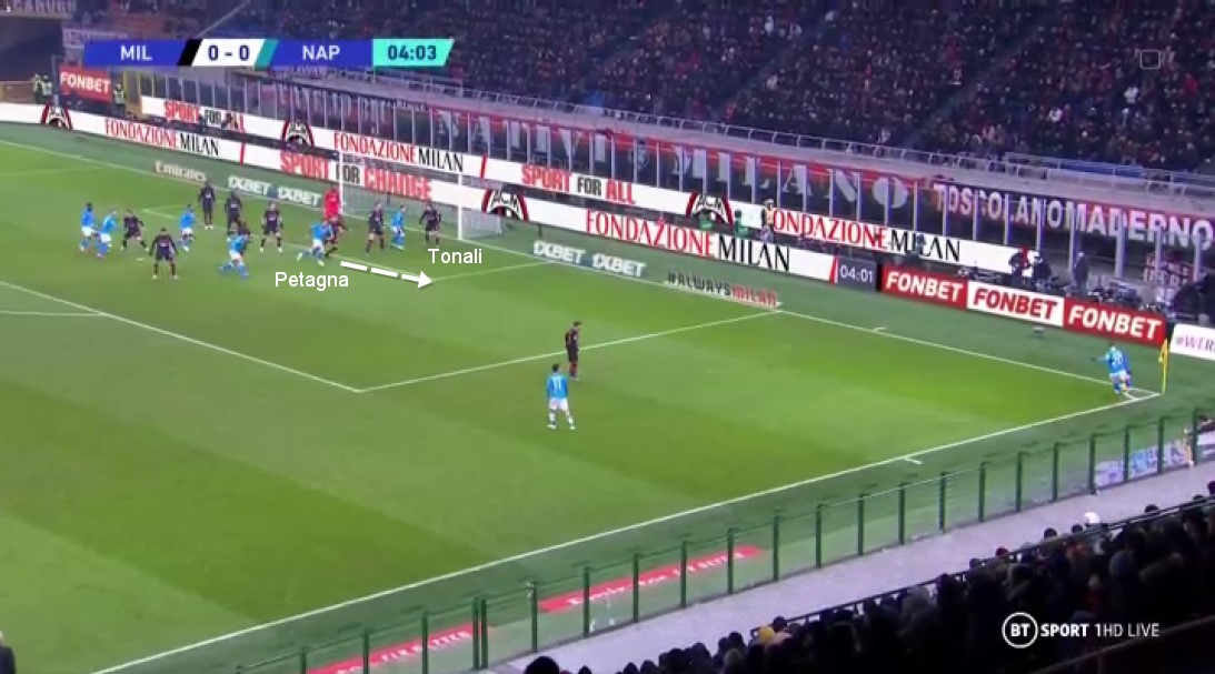 Tonali perde di vista Elmas calcio piazzato Milan Napoli Tonali perde di vista Elmas calcio piazzato Milan Napoli